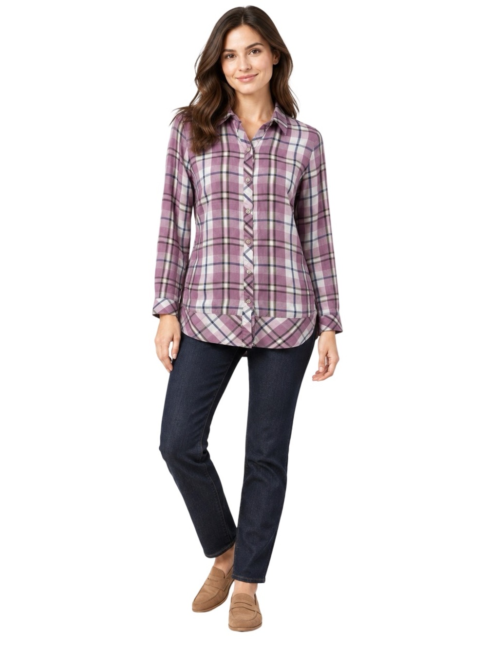 J.Jill Plaid Multi-Yarn-Dyed Tunic Purple Plum Button Down XS Petite